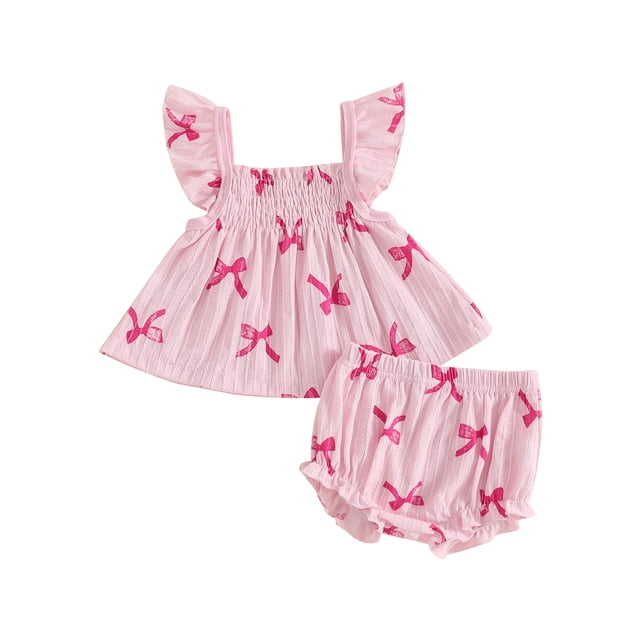 Baby Girl Summer Outfits Bow Print Sleeveless Ruffle Tops with Elastic Waist Shorts 2 Pcs Set