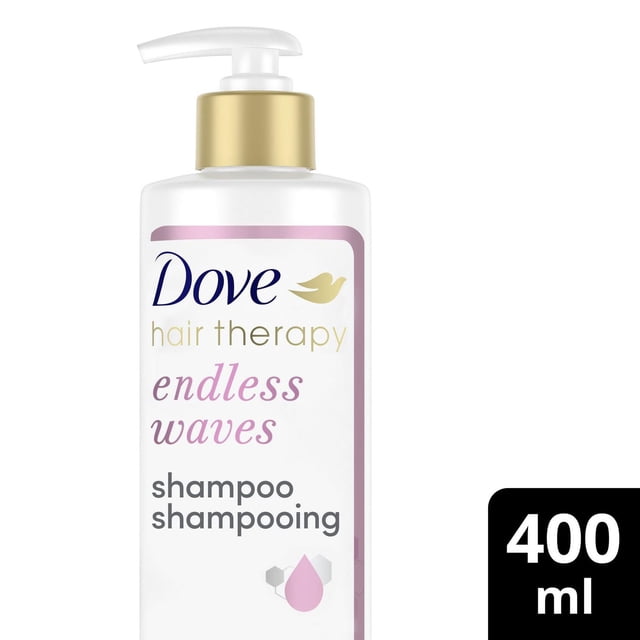 Dove Hair Therapy Endless Waves Shampoo in a white pump bottle with gold collar and purple text, sulfate-free formula designed to nourish and define naturally wavy hair, 400 ml size.