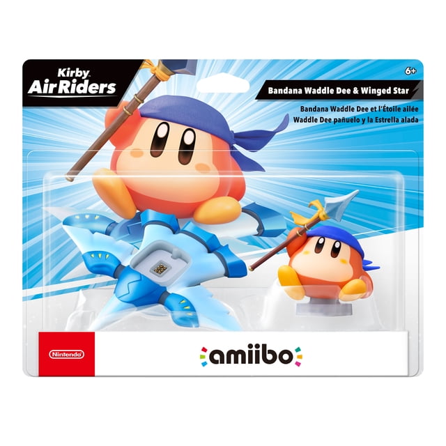 amiibo™ - Bandana Waddle Dee & Winged Star - Kirby™ Air Riders Series showing a multicolour Bandana Waddle Dee figure with a blue bandana and spear, positioned on a blue and white Winged Star Air Ride Machine with wing accents, all inside clear plastic packaging featuring Nintendo and amiibo logos, suitable for use with compatible Nintendo Switch games.