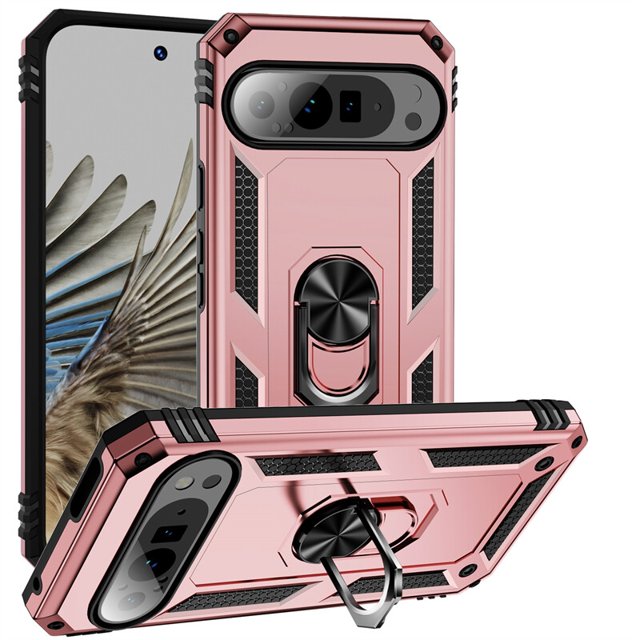Google Pixel 9 / 9 Pro Étui à Anneau au design Hybride avec Fini rose Métallique. Doté d'Un Pare-Chocs à Double Couche pour une protection Accrue contre les Chutes, d'Un Support Anneau à rotation à 360 Degrés pour une Prise Sécurisée et d'Un Béquille Intégrée pour une Vision Mains Libres. Comprend une Plaque Métallique Magnétique compatible avec les Supports de Montage de Voiture (Non Inclus). Fabriqué avec une Combinaison de Matériaux TPU et polycarbonate pour la Durabilité.