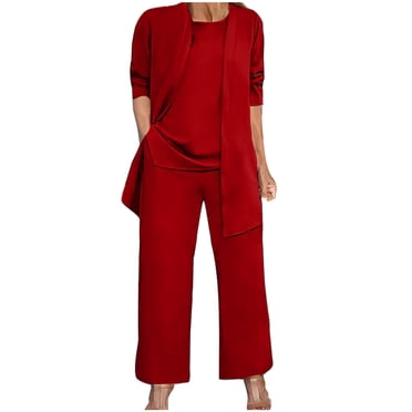 Mrat Athletic Suit Set Mother of the Bride Pant Suits 3pc with Cardigan Elegant Wedding Formal Outfit Set Evening Gown for Women S-68 Red-A XL