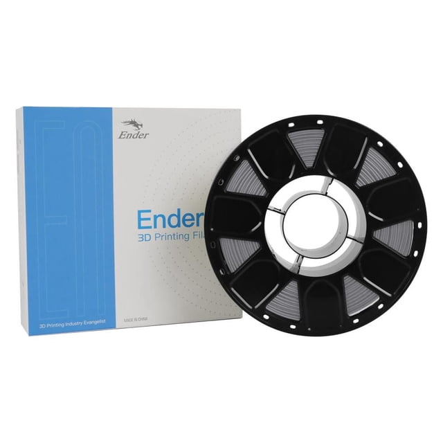 Creality Ender-PLA Filament for 3D Printer - Grey showing a front-facing black spool with 1.75mm diameter grey PLA filament beside its white and blue Ender branded box, suitable for various 3D printers and offering smooth, low-warping printing material.