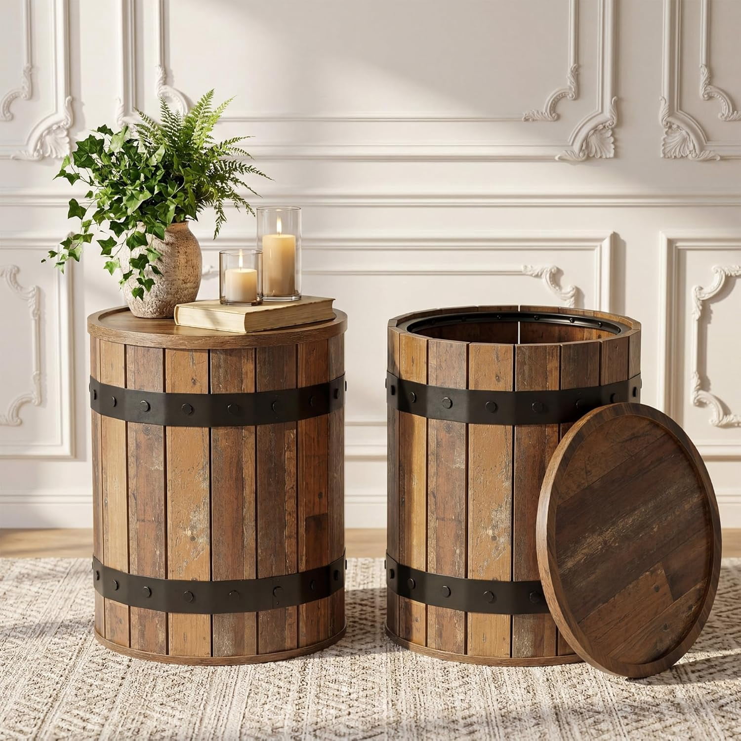 Tribesigns Barrel Side Table with Hidden Storage, 19.68" Round Rustic End Table with Removable Lid, Bedside Nightstand for Living Room (2PCS, Brown)