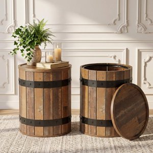 Tribesigns Barrel Side Table with Hidden Storage, 19.68" Round Rustic End Table with Removable Lid, Bedside Nightstand for Living Room (2PCS, Brown)