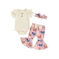 thumbnail image 1 of EYIIYE Toddler Baby Girl 3Pcs Summer Outfits 0 3M 6M 12M 18M Infant Short Sleeve Jumpsuits Ribbed Ruffled Rompers with FloralChick Flare Pants Headbals Fashion Cute Casual Clothes for Daily, 1 of 9