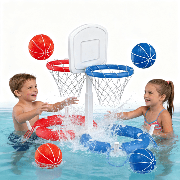Dual Pool Basketball Hoop with Backboard for Boys Girls 2-in-1 Floating Pool Toys Ring Game 4 Balls 8 Rings & Pump Outdoor Swimming Pool Basketball Games Water Play Summer Toy for Adults and Family