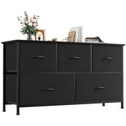 Eunos Black Wide Drawer Dresser with 5 Fabric Chest of Storage Cabinet Drawers for Living Room, Bedroom, Hallway