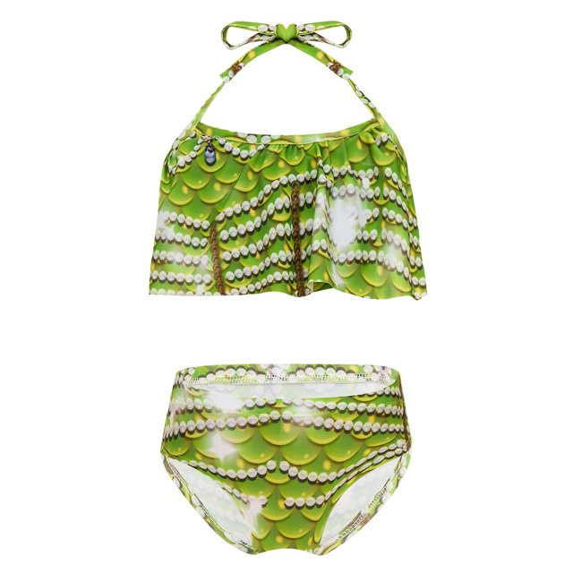 TiaoBug Girls 2 Pcs Mermaid Bikini Sets Shiny Halter Ruffles Crop Top with Triangle Brief Bathing Suit Tankini Green A 140