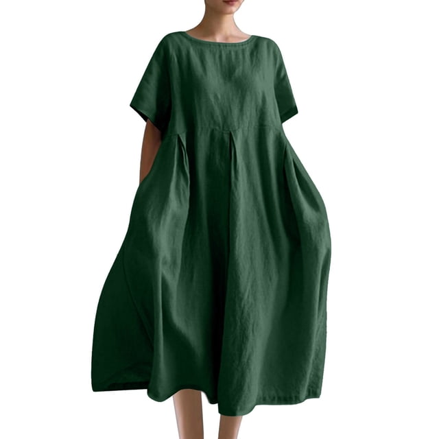 Wyongtao Robes Caftans en Coton et Lin pour Femmes Grande Taille à Manches Courtes Amples et Larges Robe Maxi Plissée à Volants Longue en Vert, Taille 3TG. la Robe Présente un Col Ras du Cou, des Manches Courtes et une Coupe Ample et Fluide avec des Détails de Volants Plissés. Fabriquée en Tissu Coton-Lin Doux et Respirant, Elle Est Idéale pour l'Été. la Couleur Unie Verte et le design Polyvalent la Rendent Adaptée aux Sorties Décontractées, à la Détente Ou à Agencer avec des Accessoires pour un Style Plus Habillé.