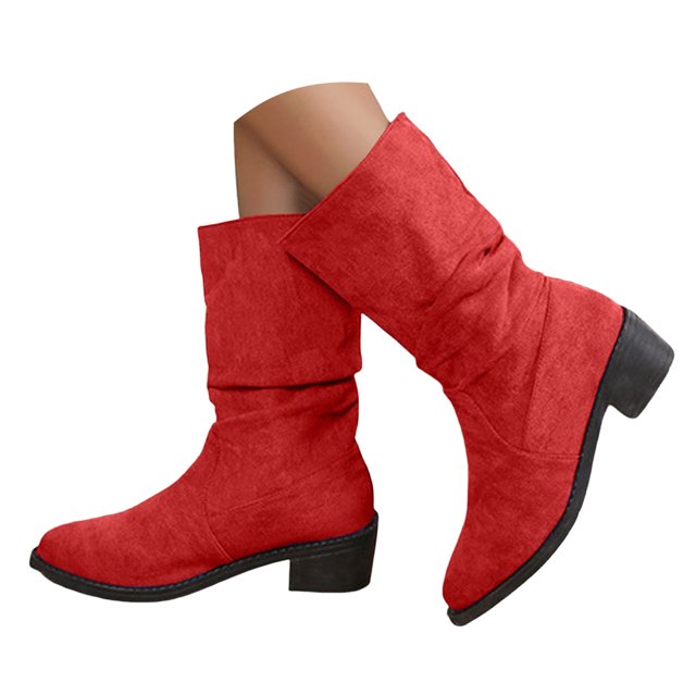 Dakaela Bottes Western Plissées pour Femmes en Suède Style Cowboy Larges Mi-Mollet Bottillons Bout Rond à Enfiler Chaussures de Marche