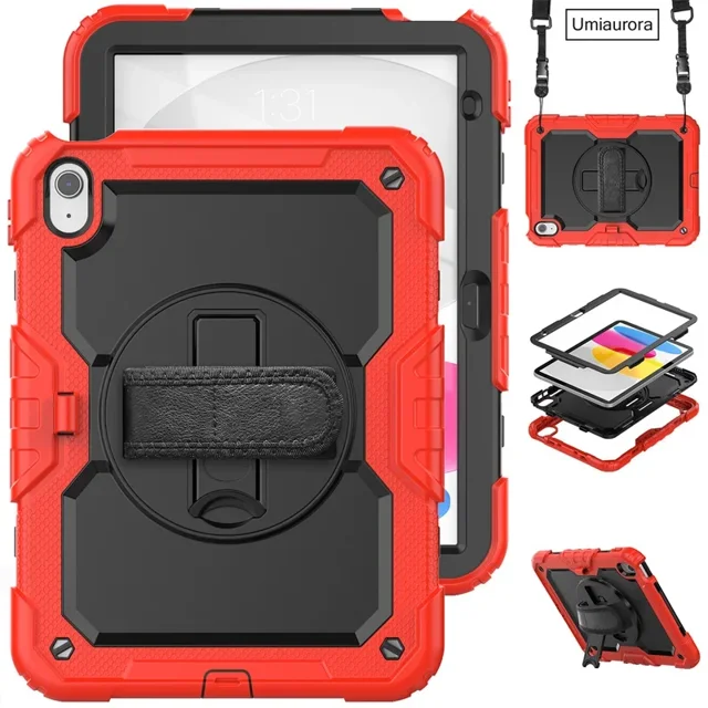 Pour IPad 10.2 7th 8th 9th 10th Gen Air 2 3 4 5 10.9 Mini 6 9.7 Pro 11 Étui pour Tablette Enfants Silicone PC Armure Support Antichoc Housse 02 Rouge IPad 10th Gen 10.9