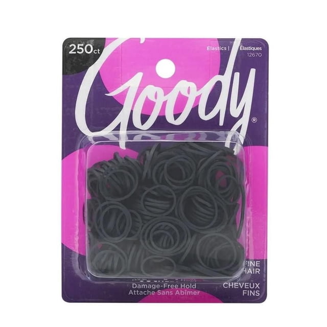 Goody Black Polybands 250Ct pack of small black mini rubber bands for fine hair offering damage-free, all-day hold, shown in clear plastic packaging on a purple and pink card backing, suitable for securing delicate hairstyles.