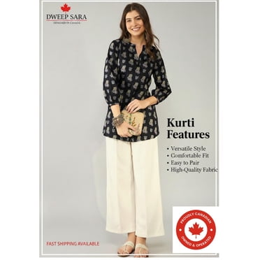 DWEEP SARA Women’s Navy Blue Cotton Blend Ethnic Motifs Printed Short Kurti / Tunic, M-38