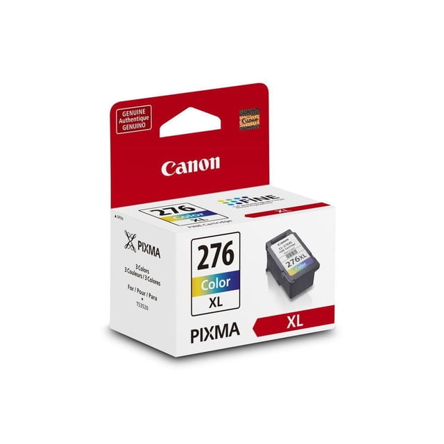 CL-276XL Canon Genuine Ink Cartridge - Colour in retail packaging with a white box and red header featuring the Canon logo, designed for PIXMA TS3520 series printers, showing 3-color XL ink capacity and an image of the black cartridge with a color label.
