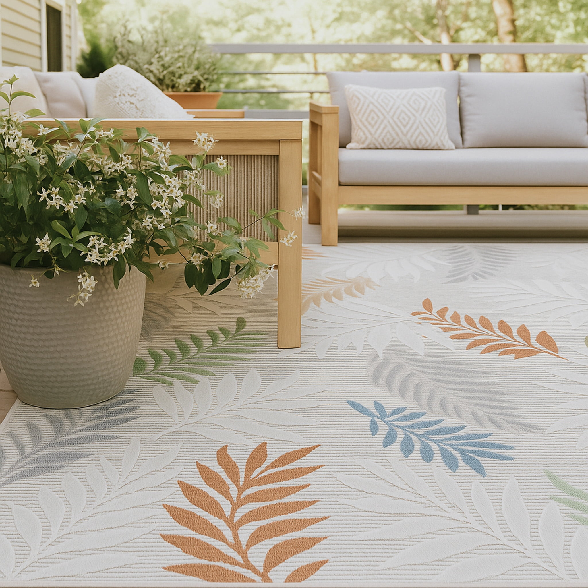 Tapis d'interieur/exterieur abstrait Rug Branch Alfombra, beige creme, motif floral - Salon, chambre, salle a manger et cuisine