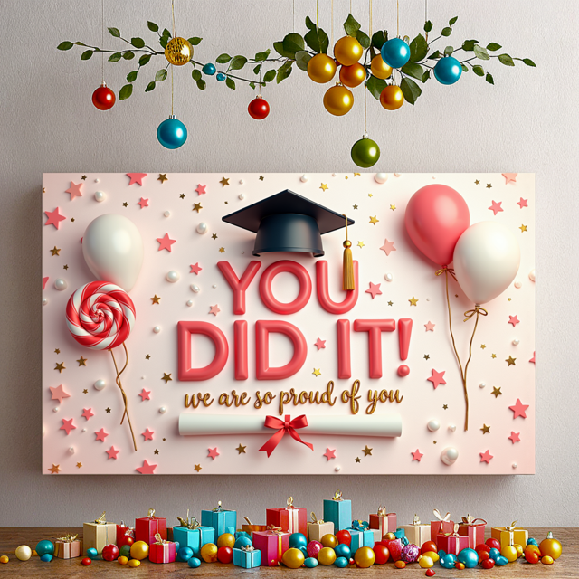 Graduation Cap Graduation Banner Diploma Achievement Banner Pink Balloons Lollipop Confetti Banner for Graduation Ceremony School Event Student Celebration