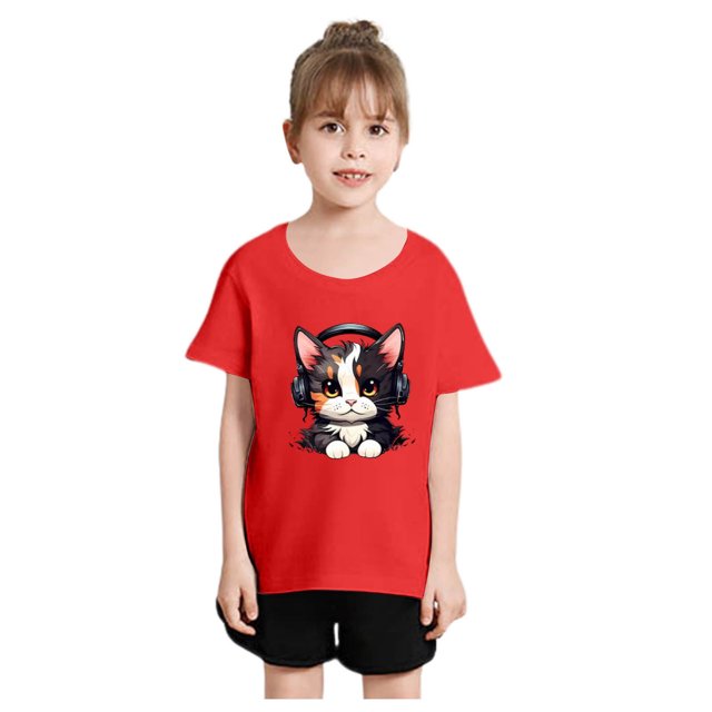 GDREDA Vêtements Fille Enfant Filles Mignon Mode Imprimé Col Rond Manches Courtes Tee Été Doux Ample T-Shirt Hauts Tee-Shirt Robes pour Fille Rouge, 2-4 Ans