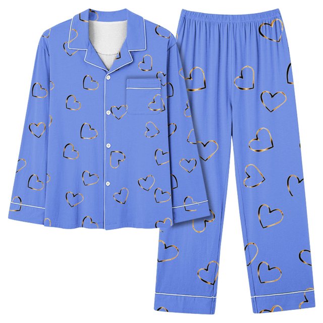 MeetoTime Pyjama d'Automne pour Femme, Ensemble 2 Pcs, Haut à Manches Longues Boutonné et Pantalon, Tenue de Nuit