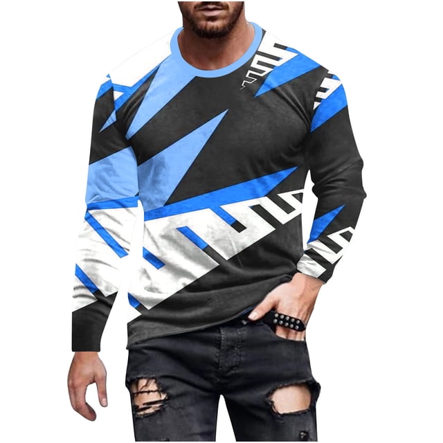 T-Shirt Blouse Décontracté à Manches Longues et Col Rond pour Hommes avec Rayures Imprimées