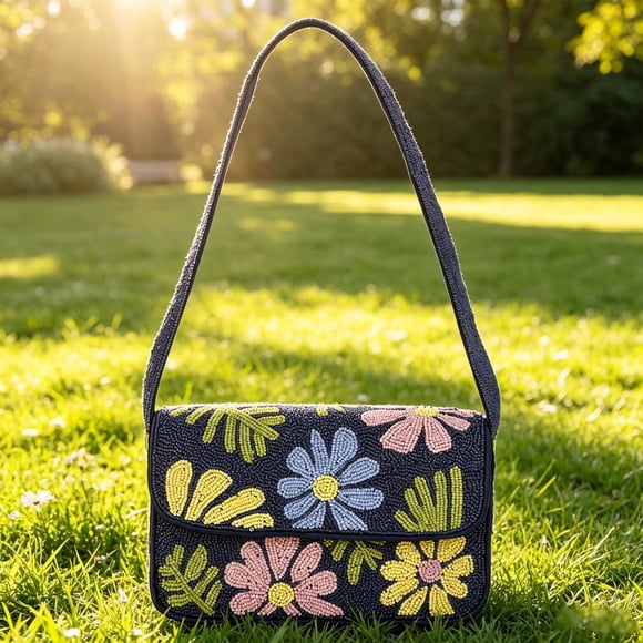 Women’s Beaded Flower Shoulder Bag Handmade Underarm Purse with Floral Patterns, Vintage Texture, Adjustable Strap, 1 Count, for Commuting Shopping