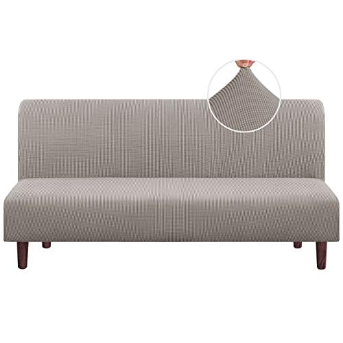 Stretch Armless Futon Cover Futon Slipcover Full Queen Size Futon Couch Cover Futon Sofa Cover Futon Bed Cover Furniture Protector with Elastic Bottom, Checked Pattern Jacquard (Futon, Taupe)