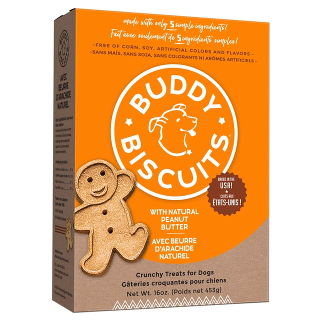 Buddy Biscuits Crunchy Dog Treats, Peanut Butter, 16 oz. Box with an orange and brown package featuring a gingerbread man-shaped crunchy biscuit. Made with natural peanut butter, free of corn, soy, artificial colors, and flavors, baked in the USA. Ideal crunchy snack for dogs of all sizes.