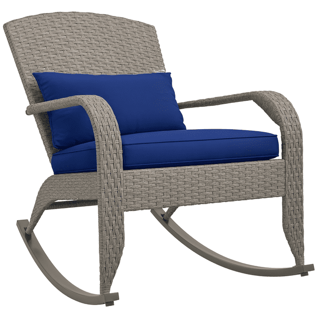Outsunny Outdoor Wicker Adirondack Rocking Chair with Seat Cushion Pillow, featuring a handcrafted PE rattan frame in grey, ergonomic design with a tall back, wide inclined seat, and supportive armrests. Includes a dark blue seat cushion and pillow for added comfort. Ideal for indoor and outdoor use, such as porches, gardens, balconies, or nursery spaces.