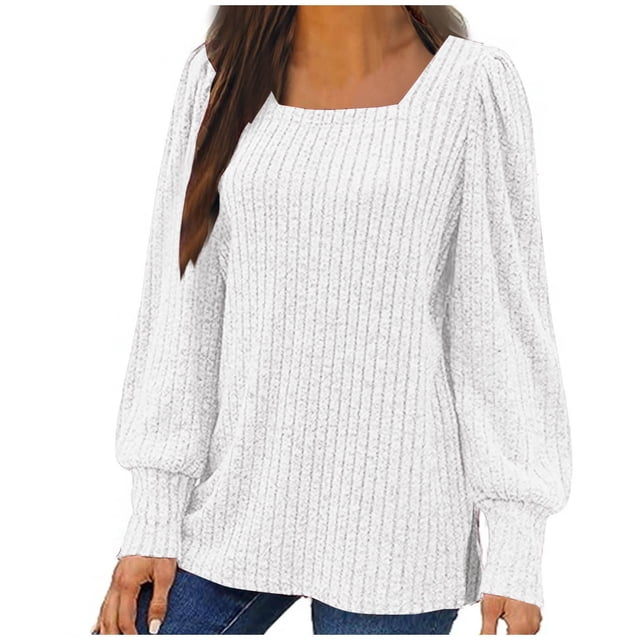 Meichang Women Tops Plus Size Square Neck Puff Long Sleeve Shirts Ribbed Knit Pullover Solid Loose Fit Side Slit Hem Blouses Business Casual Spring Tops