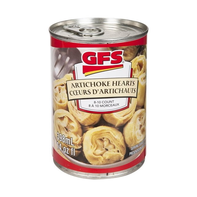 CP Gordon Artichoke Hearts 8/10 Count 396g/13.96oz canned vegetables in a metal can with a pull-tab lid. The label displays the Gordon Choice brand, product name in English and French, serving size details, and highlights its use as canned vegetables.