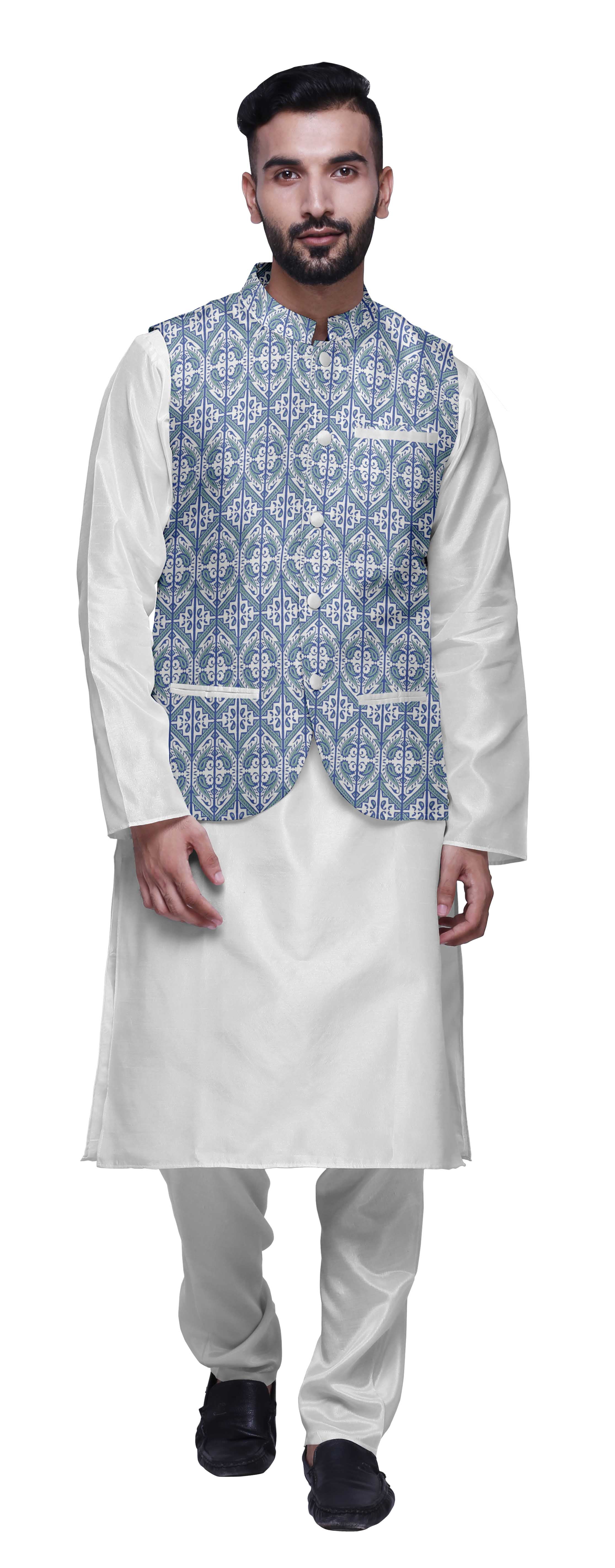 Atasi Mandarin Collar Traditional Solid Kurta Pajama With Printed Jacket Set