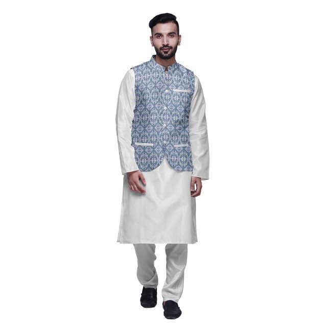 Atasi Kurta Pyjama Traditionnel Uni à Col Mandarin avec Ensemble de Veste Imprimée