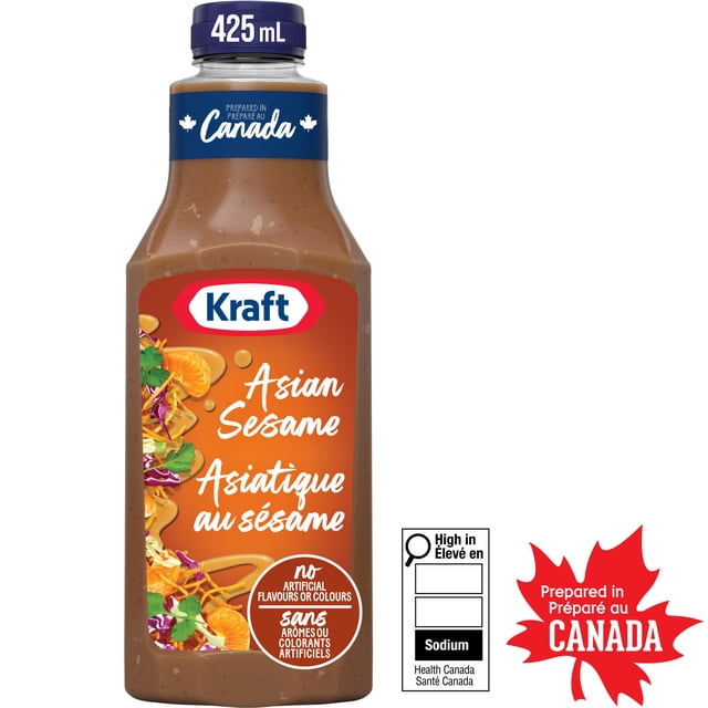 Kraft Asian Sesame Salad Dressing 425 mL bottle containing brown sesame-flavoured dressing with bilingual English and French label, prepared in Canada without artificial flavours or colours, featuring Health Canada sodium warning, suitable for salads, sandwiches, and marinades.