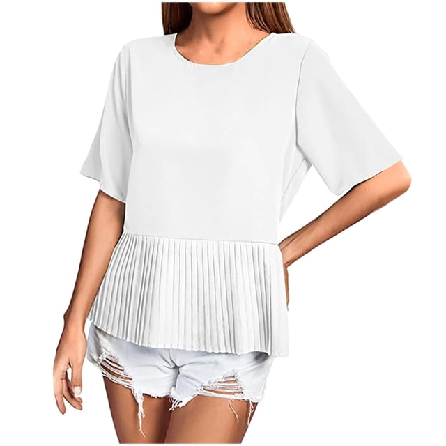 Timegard Womens Tops Pleated Crewneck Back Button Short Sleeve Loose Casual Blouse Solid Color Summer