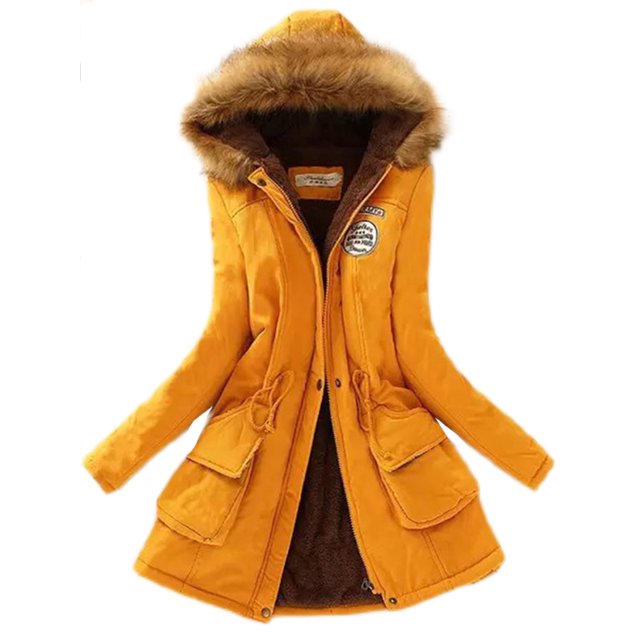 MAWCLOS Ladies Parka Jacket Drawstring Overcoat Trim Coat Casual Winter Hooded Outwear Yellow 2XL