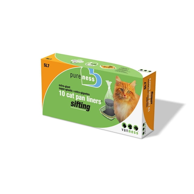 Van Ness Sifting CAT Pan Liner (SL7) box with green and orange packaging containing 10 extra-giant sifting cat pan liners for easy litter pan maintenance, featuring an orange tabby cat and an illustration of the sifting process that helps extend the life of clumping litter.