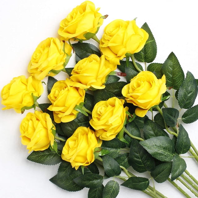 TETOU 5 Pcs Artificial Gold Flowers Silk Roses Real Touch Party Bridal Wedding Bouquet(Yellow)