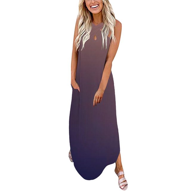 Robes d'Été pour Femmes Robe d'Été pour Femmes Design Décontracté Robe Dégradée Sans Manches Col Suspendu Col en V Longue Robe Robe de Vacances en Liquidation