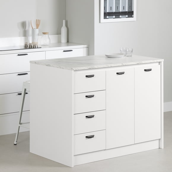 Îlot de cuisine avec rangement, fini Faux Marbre blanc et Blanc, collection Myro de Meubles South Shore