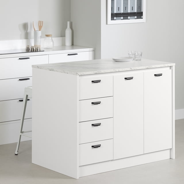 South Shore Myro Kitchen Island with Storage in faux white marble and white, featuring a rectangular melamine worktop with marble pattern, four drawers on metal runners with black metal handles on the left, and two cabinet doors with matching handles on the right, suitable for kitchen storage and meal preparation, placed in a minimalist kitchen with white cabinetry and light grey walls.