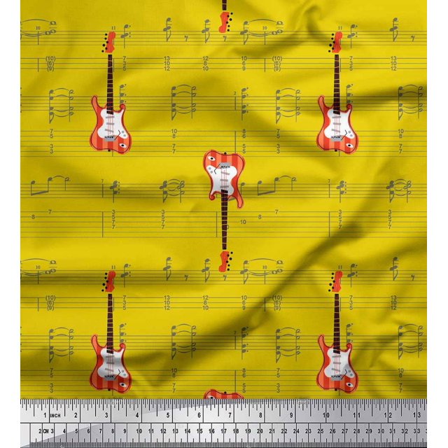 Soimoi Yellow Silk Fabric Notes & Guitar Musical Instrument Fabric Prints By Yard 42 Inch Wide