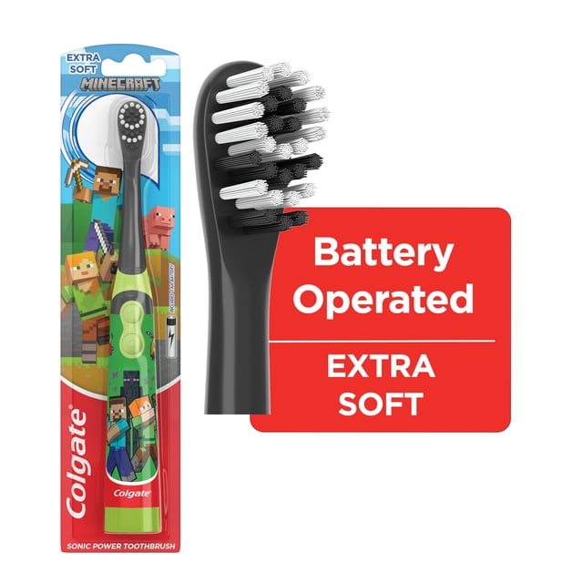 Colgate Brosse à Dents Minecraft pour Enfants à Piles avec Manche Vert et Noir Mettant en Vedette des Personnages Minecraft, Petite Tête de Brosse Vibrante Noire extra Douce, à Piles avec Interrupteur Marche/arrêt Facile, Conçue pour les Soins Buccodentaires des Enfants.