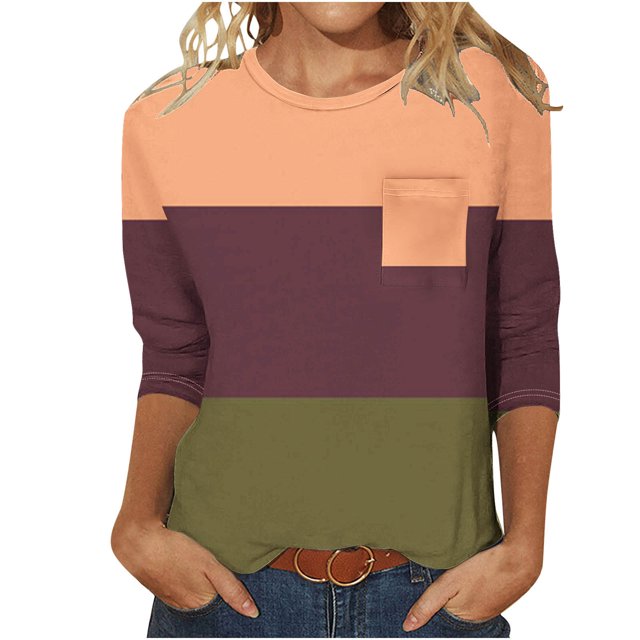 Blouses pour Femmes Haut Décontracté Uni à Col Rond à Manches 3/4 et à Poche à Manches 3/4 pour Femmes