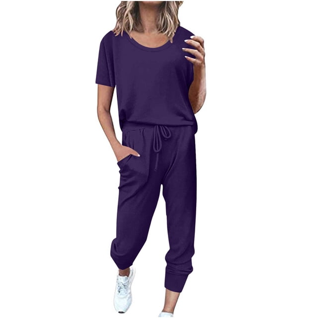 Yuyuzo Womens Workout Sets 2 Piece Short Sleeve Crew Neck T-Shirts Drawstring Jogger Pants with Pockets