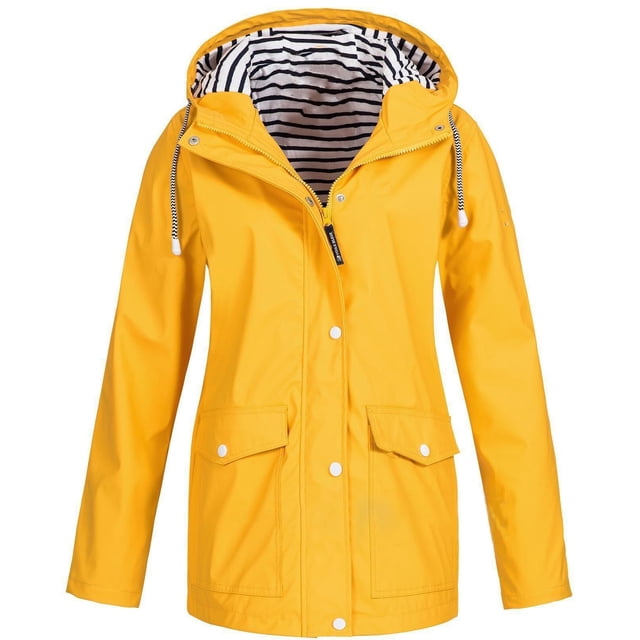 Fridja Womens Solid Rain Jacket Outdoor Plus Size Waterproof Hooded Raincoat Windproof