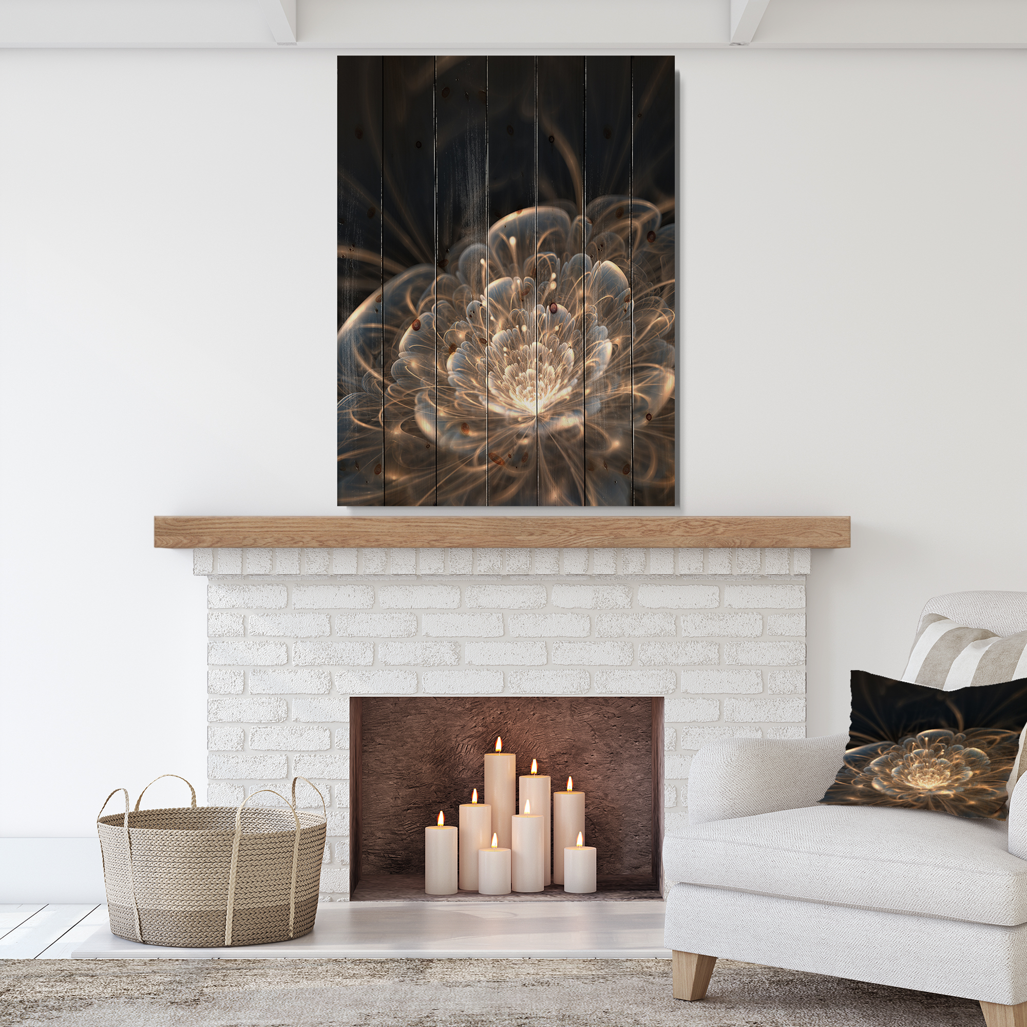 Tableau à toile imprimée florale Design Art Fleur fractale et rayons dorés