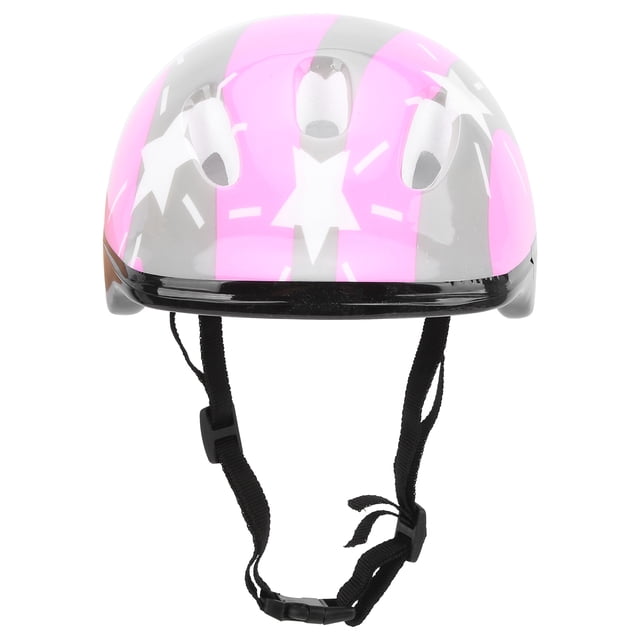 Casque de Patinage pour Enfants par Vobor-CA, Conçu pour les Enfants et Adapté au Patinage à Roulettes et au Planche à Roulettes. Fabriqué en Mousse et en PVC, Cet Équipement de Protection Présente un design à Rayures Roses et Grises avec des Motifs d'Étoiles Blanches. Comprend des Sangles Noires Ajustables pour un Ajustement Sécuritaire.