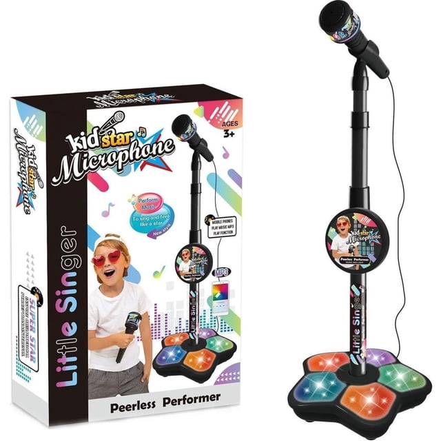 Black Stand Up Microphone For Kids Karaoke Toy Adjustable Stand Lights Musical Singing Activity Children Party Entertainment Portable Educational Fun