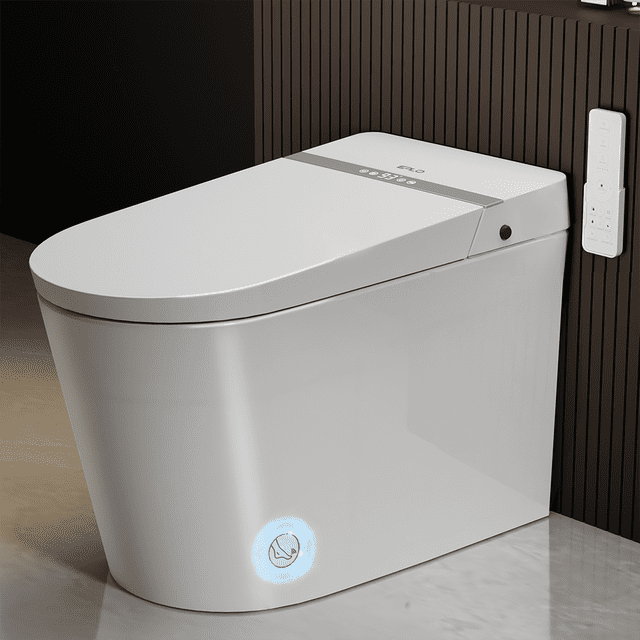 EPLO Smart Bidet Toilet, a sleek one-piece tankless design with an auto open/close lid and foot sensor operation. Features include a heated bidet seat, customizable water pressure and temperature, self-cleaning nozzle, air dryer, and deodorizer. The modern elongated design includes an LED display and dual flush options for water efficiency. Shown in a contemporary bathroom setting with a wall-mounted remote control.