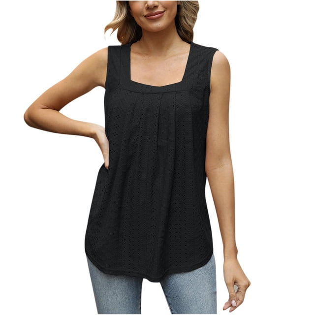 Dealovy Womens Eyelet Tank Tosps Summer Loose Square Neck Sleeveless Loose Beach Flowy Tunic Tops
