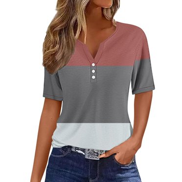 Meichang Summer Tops for Women Trendy Color Block Henley Shirts Button Up Notch V Neck T Shirts Casual Loose Short Sleeve Tunic Tops